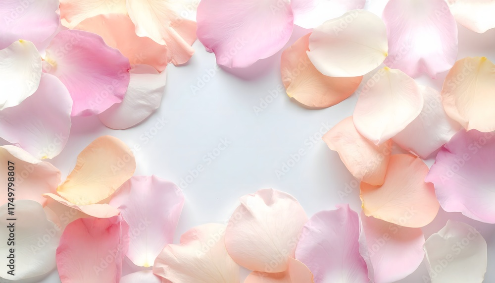 Obraz premium Delicate pastel flower petals framing a white center space, soft pink and peach colors, elegant background texture