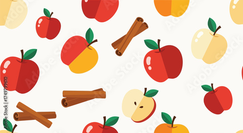Seamless pattern fresh red and yellow apples cinnamon sticks fall harvest autumn theme delicious fruit food background vector