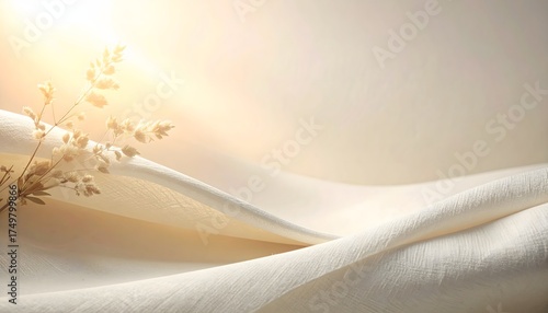 Ultra-soft neutral background, pale almond beige transitioning into ivory, draped textured fabric, gentle warm sunlight