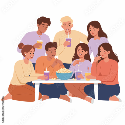 Flat Design Group of Friends Gathering Enjoying Snack and Drink Illustration