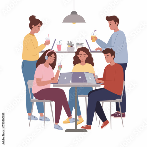 Flat Style Detailed People Working and Socializing in Coworking Space Illustration