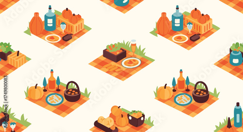 Autumn harvest celebration picnic blanket pattern fall fruits vegetables drinks and food vector