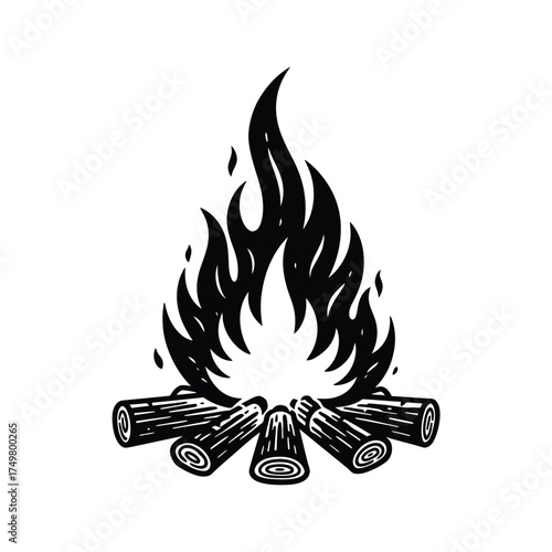 Black and white campfire drawing, a monochromatic sketch of rustic outdoor warmth.eps