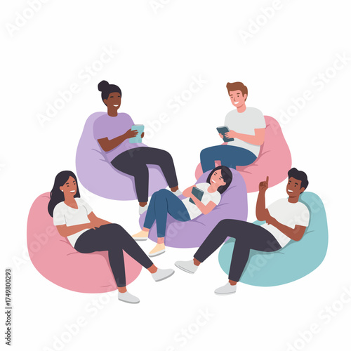 Flat Style Diverse Group of People Relaxing in Beanbag Chair Illustration
