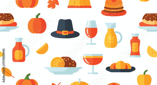 Seamless autumn harvest festival pattern with pumpkins hats food drinks and leaves vector