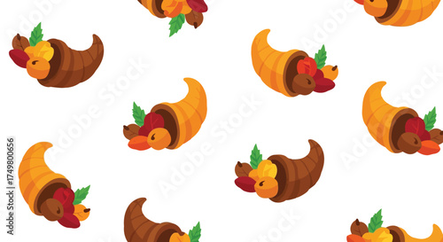 Seamless pattern autumn cornucopia harvest abundance thanksgiving fall seasonal celebration vector