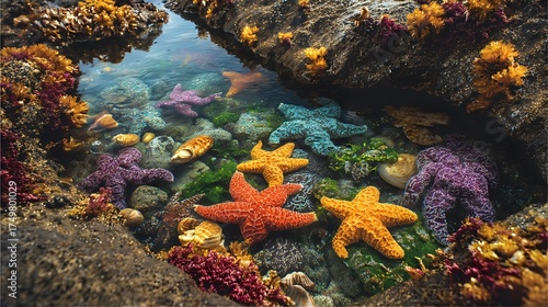 Ocean tide pool revealing colorful starfish among varied marine invertebrates and algae