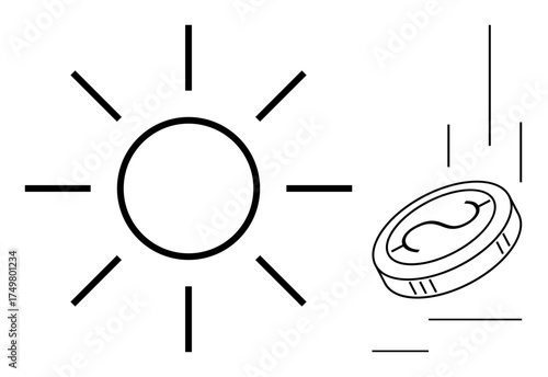 Sun emitting rays next to a descending coin conveying renewable energy, finance, sustainability, prosperity, innovation, opportunity, global economy. Ideal for clean energy, growth simple flat