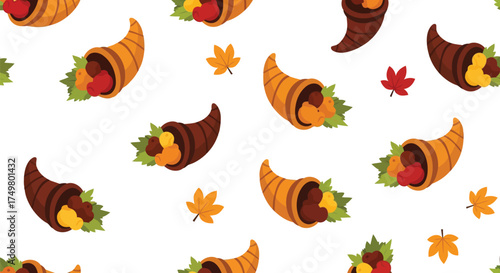 Seamless pattern of autumn cornucopias filled with harvest fruits and colorful leaves vector