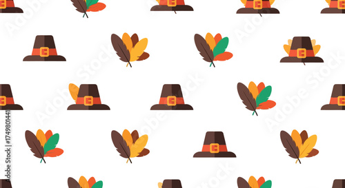 Seamless pattern pilgrim hats cornucopia feathers autumn harvest thanksgiving holiday repeating design vector