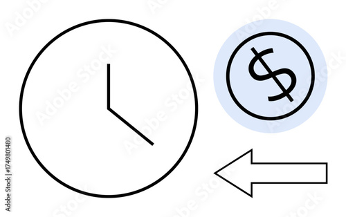 Clock representing time, dollar sign for money, and arrow symbolizing direction or flow. Ideal for time management, investment, finance, budgeting, savings, decision-making simple flat metaphor