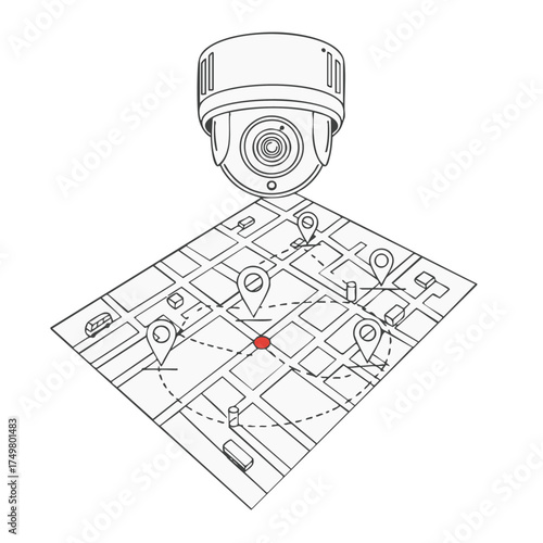 A modern dome surveillance camera oversees a detailed urban map marked with multiple location pins, symbolizing advanced security monitoring and precise geographical tracking capabilities.
