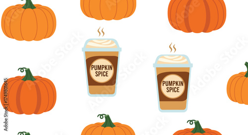 Seamless pattern pumpkin spice latte and fresh pumpkins fall autumn seasonal beverage and harvest icon vector