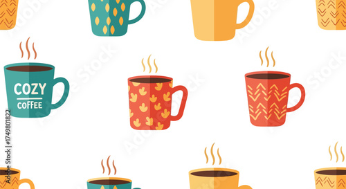 Cozy autumn mugs with hot beverages steam seamless pattern autumnal warm drinks illustration vector