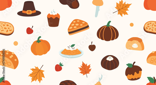 Autumn harvest pattern thanksgiving food elements festive seasonal illustration seamless design vector