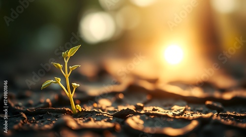 A young plant emerging from cracked earth, backlit by the sun, representing resilience and overcoming challenges
