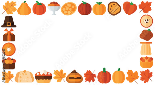 Whimsical fall harvest border with pumpkins apples leaves and gifts for thanksgiving vector
