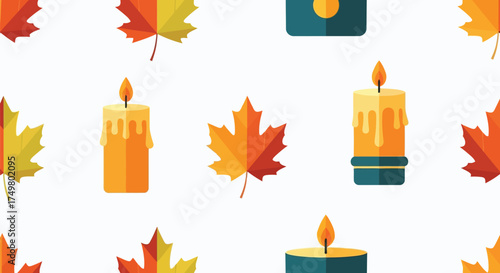 Warm autumn candles and maple leaves seamless pattern cozy fall seasonal decoration vector