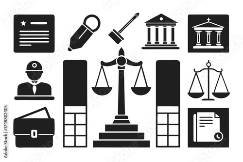 Black Silhouette Icons for Legal and Business Concepts