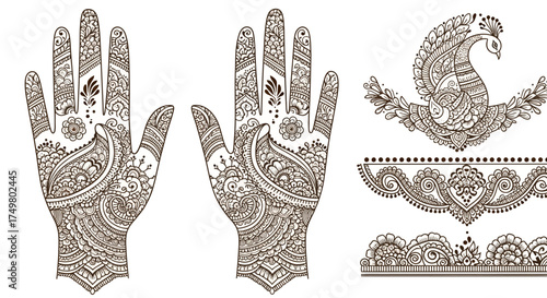 A collection of intricate Indian henna or mehndi tattoo designs for hands, featuring a peacock and border patterns.