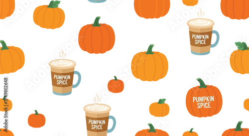 Seamless pattern autumn pumpkins latte coffee cup fall harvest seasonal decor vector illustration vector
