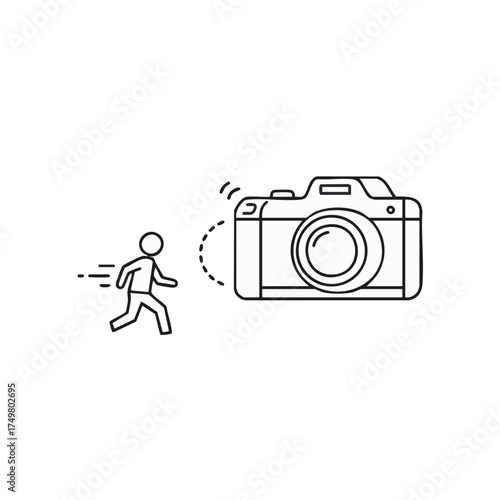 This minimalist line illustration depicts a person actively running away from a large camera, symbolizing the desire for privacy or avoiding unwanted photography.