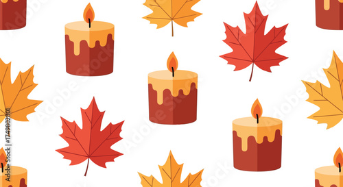 Cozy autumn seamless pattern with maple leaves and dripping candles for seasonal decoration vector