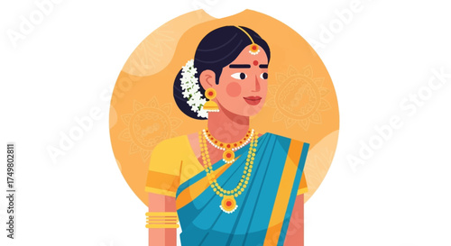 Illustration of a South Indian woman dressed in traditional attire, adorned with jewelry.