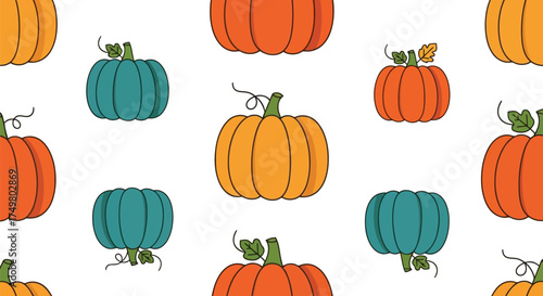 Autumn harvest seamless pattern with colorful pumpkins for fall holidays and seasonal decoration vector