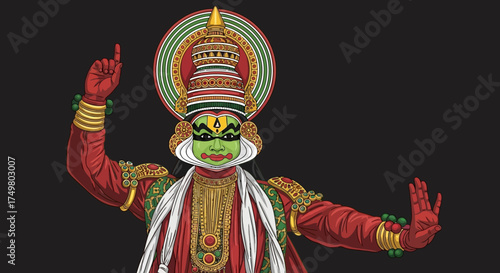 A vibrant vector illustration of a traditional Kathakali dancer from Kerala, India, with elaborate costume and makeup against a dark background.
