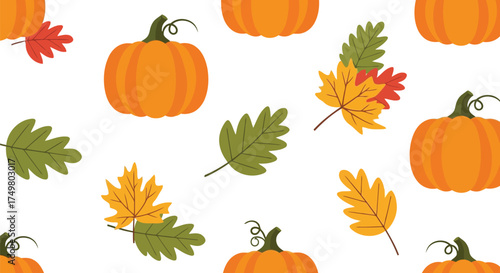Seamless autumn pattern with orange pumpkins and colorful fall leaves for harvest season celebration vector