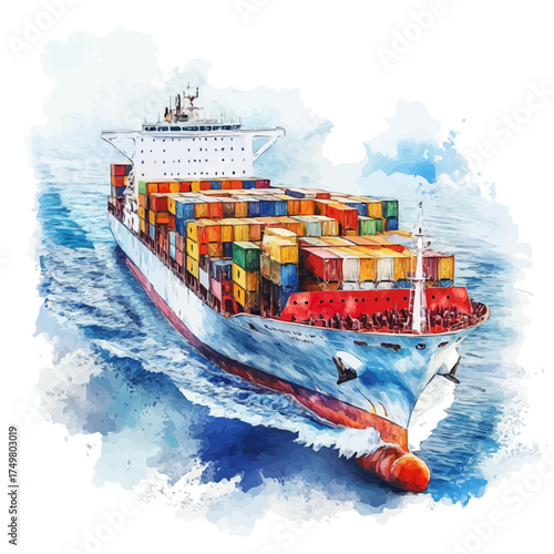 Cargo Ship, watercolor painting vector, isolated on a white background.