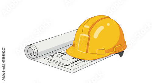 A vibrant yellow hard hat rests atop detailed architectural blueprints, symbolizing essential safety and meticulous planning for construction projects and engineering endeavors.