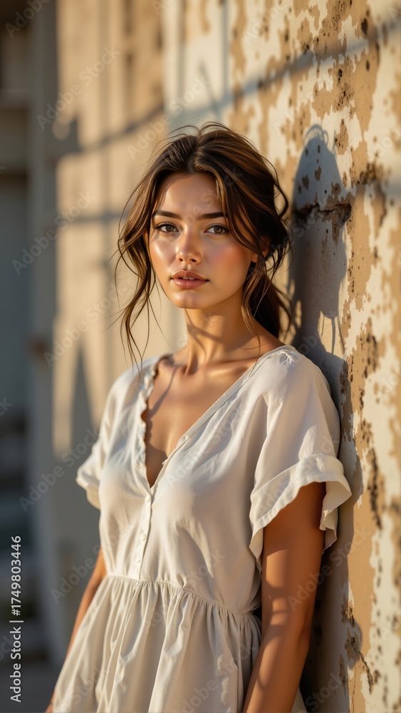 Fototapeta premium Witch shadow against wall created by young woman with light skin, long, wavy brown hair in white dress. Concept of soft light, serene mood, Halloween inspiration.