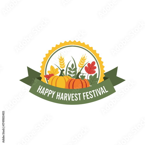 Autumn harvest festival emblem with pumpkin wheat floral elements and ribbon vector