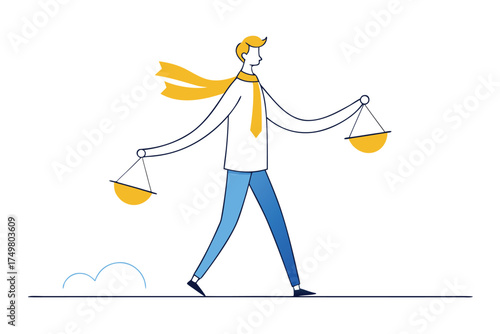 Stylized Man Walking with Scales of Justice balance