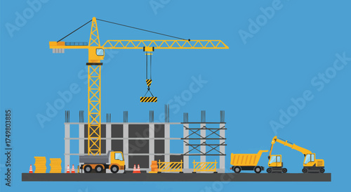 A vibrant illustration showcases a construction site with a crane, trucks, and other equipment, set against a bright blue backdrop.