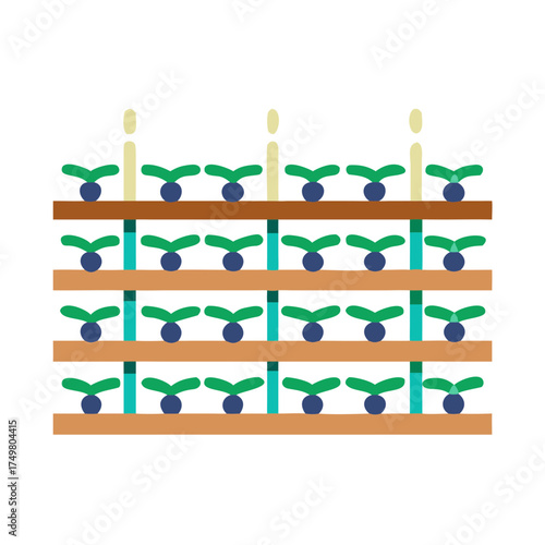 Vineyard rows with plants and supporting stakes in flat design  