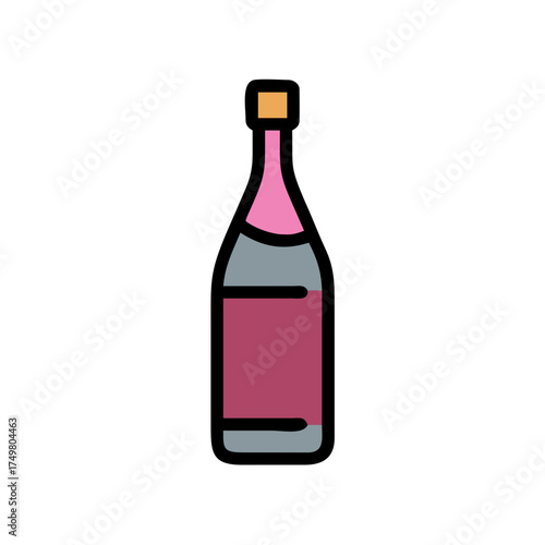 Wine bottle in flat design with pink label and simple outline  