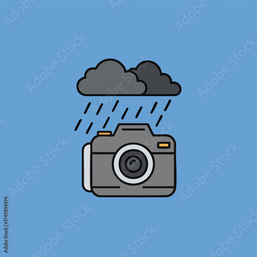 A digital camera enduring a sudden downpour from dark rain clouds, symbolizing the challenges of outdoor photography in adverse weather conditions.