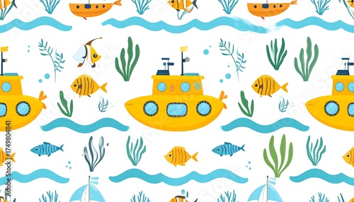 Underwater Submarine Pattern with Fish and Plants.