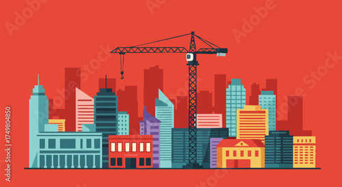 This contemporary flat design illustration presents a bustling urban cityscape, featuring various buildings and a prominent construction crane, symbolizing growth.