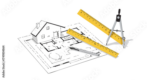 Architectural blueprint featuring a house model, rulers, compass, and pen, representing design and construction planning on a white background.