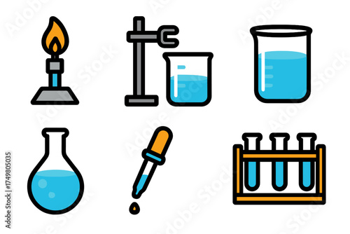 Colorful laboratory glassware and scientific equipment icons set