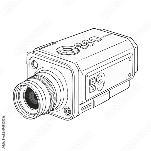 A detailed black and white line art illustration showcasing a compact, modern action camera, perfect for capturing dynamic video footage and extreme sports adventures.