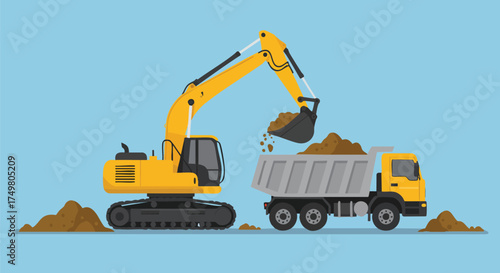 A vibrant illustration depicts a yellow excavator loading soil into a dump truck, showcasing construction and earthmoving activities.