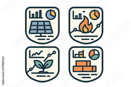 Four badges showing renewable and traditional energy source data visualizations