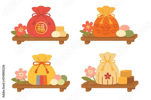 Four colorful lucky money bags with traditional sweets and flowers