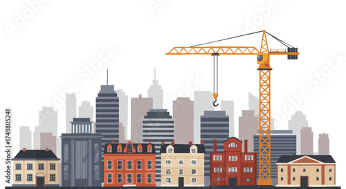 A vibrant urban landscape showcases a towering construction crane actively shaping the modern skyline amidst diverse architectural styles and ongoing development.