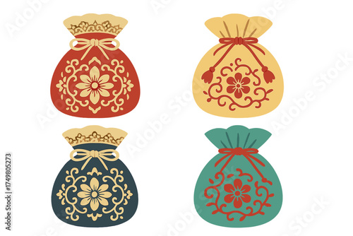 Four decorative Asian style money pouches with intricate floral patterns